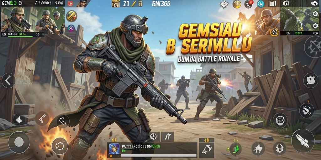 Tangkapan layar GEMS365 menampilkan aksi seru di medan tempur Battle Royale.