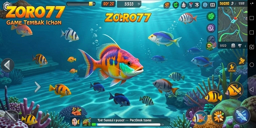 Gameplay ZORO77 menampilkan pengalaman seru menembak ikan di bawah laut.